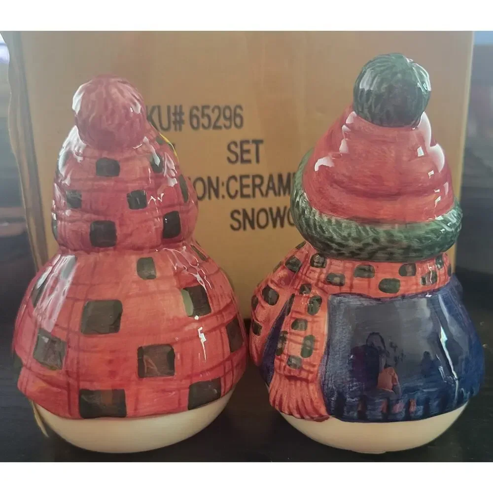 Vtg 2000s Mr. & Mrs. Snowman Salt & Pepper Shaker Set Christmas Ceramic W/Box
